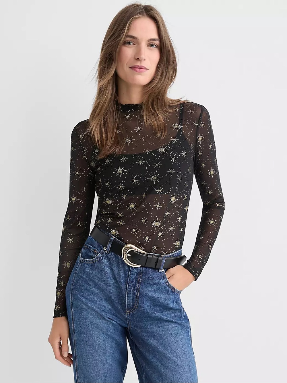 LOFT Shimmer Celestial Mesh Ruffle Neck Top